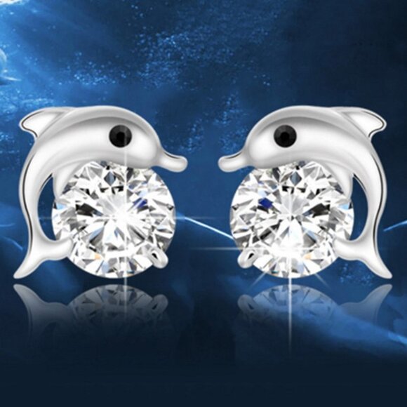 "925 Silver Black Eye Dolphin Zircon Stud Earrings for Women, FB16FA1013 - Picture 1 of 1